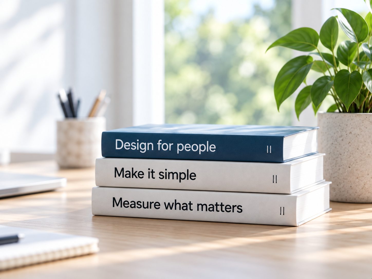 Design books, a plant and a pen holder on a wooden desk
