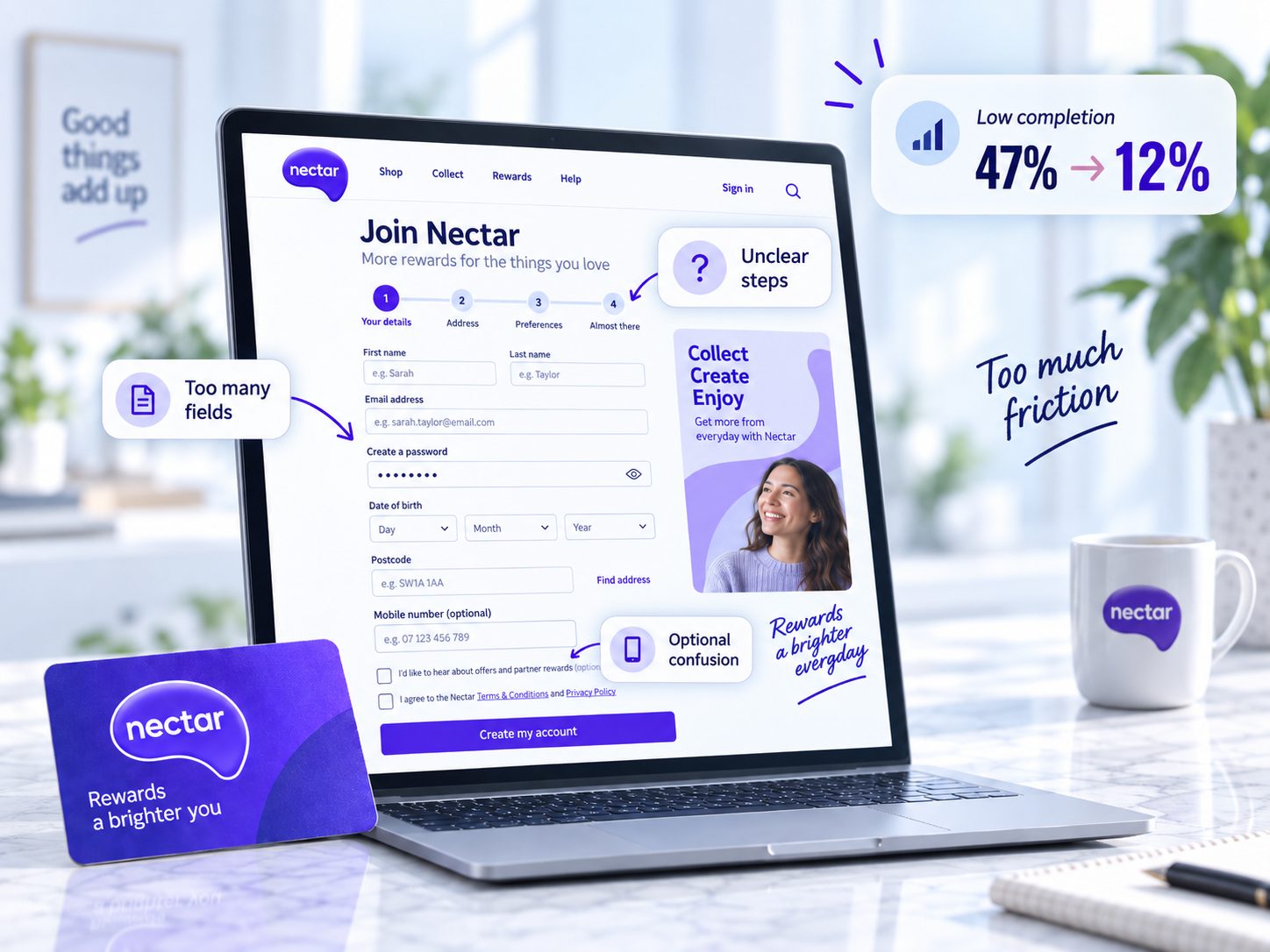 Nectar sign-up journey highlighting UX friction and drop-off points