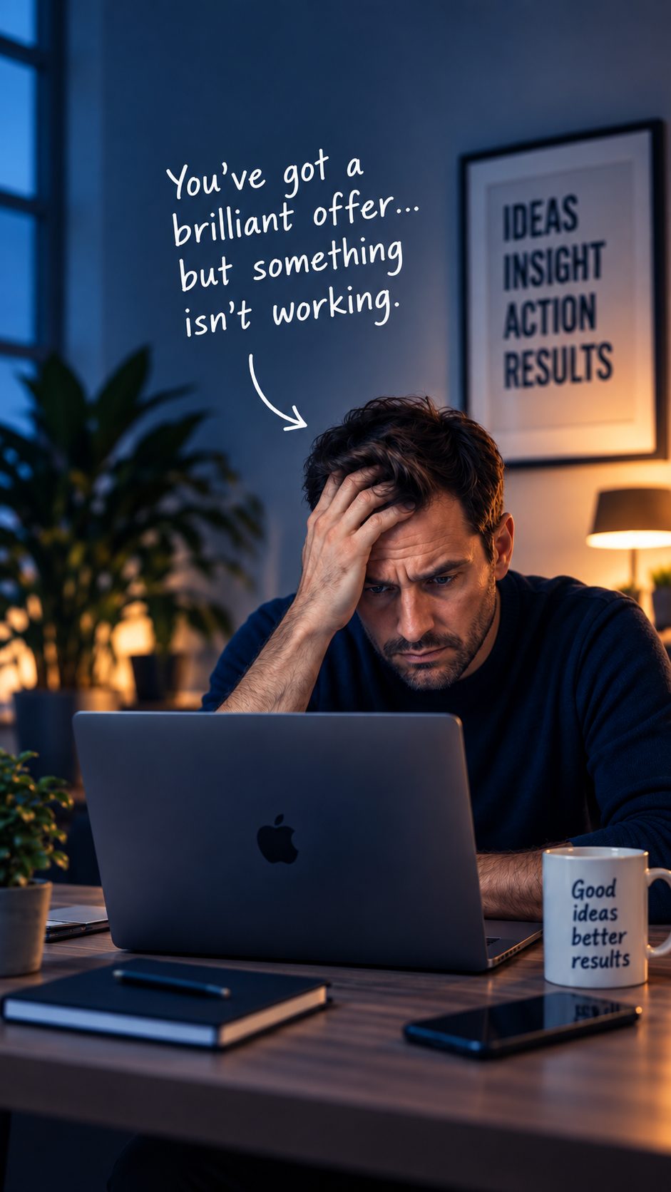 Frustrated business owner at a laptop with handwritten overlay text