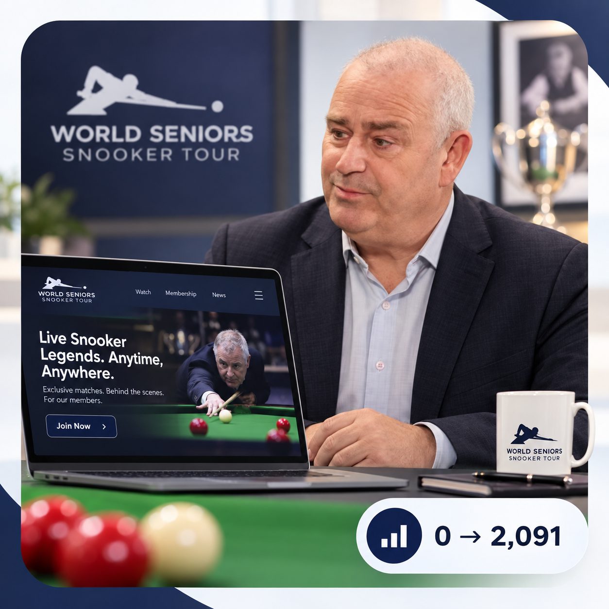 Jason Francis, Head of World Seniors Snooker Tour, case study image showing a snooker streaming membership website